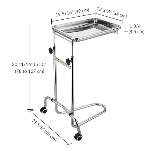 AW Mayo Stand Tray Stainless Steel Mobile Trolley Cart with 2 Pcs 19"x13"x2" Removeable Instrument Tray 5 Pcs Lockable Wheels Adjustable Height for Medical Dental Salon Tattoo Esthetician