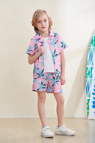 Image of DAXIANG Boys 2 Piece Hawaiian Outfit Summer Button Down Shirt and Pocket Short Sets Beach Vacation Clothes for Kid Size 3-10
