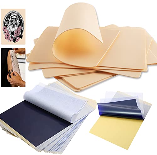 45Pcs Tattoo Practice Skins with Transfer Paper - Anghie 15Pcs Tattoo Fake Skin and 30Pcs Tattoo Stencil Paper, 8x6in Tattoo Skins with A4 Size Tattoo Tracing Paper for Tattoo Supplies Tattoo Practice