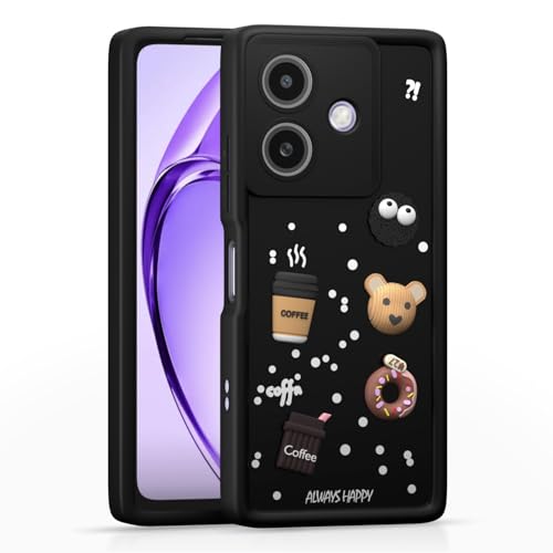 Image of Bintage Cute Fun Taddy Cartoon 3D Ball Bear Milk Donut Coffee Cup Silicon Case Full Body & Camera Protection Back Cover Compatible for Oppo A3 5G - Black