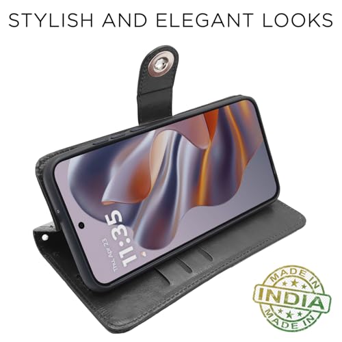 Image of Pikkme Flip Cover Leather Finish | Inside TPU with Card Pockets | Wallet Stand and Shock Proof | Complete Protection Button Flip Case for Moto Edge 50 Neo 5G (Black)