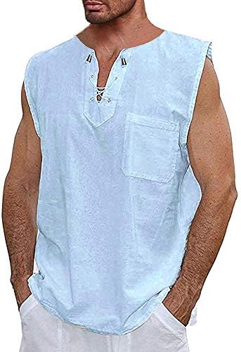 Taoliyuan Mens Lace up Sleeveless Shirts 100% Cotton Casual Tank Top Summer Beach Hippie Blouse Tops Sky Blue