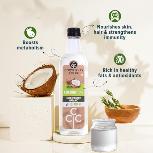 Image of Conscious Food Cold Pressed Coconut Oil | 250ml | Certified Organic | 100% Pure | Good for Cooking | Boosts Heart Health, Skin Care