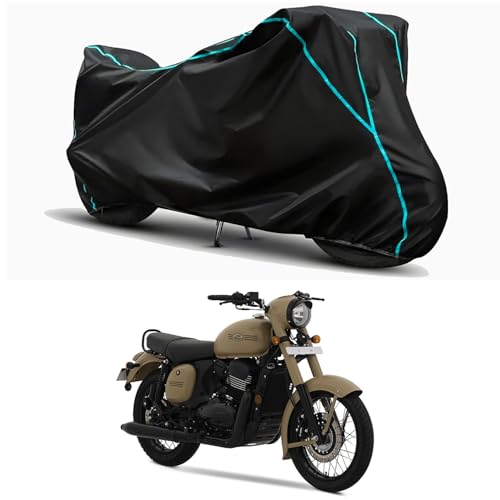 Image of Waterproof Bike Body Cover Compatible for | Jawa Khakhi Editions | Taffeta Fabric, Sky Piping Design, Bottom Elastic Fit | Dustproof, Sun UV & Rain Protection for All Weather.