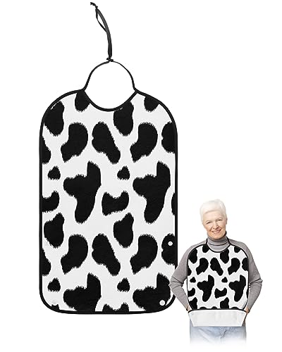 YOUNGKIDS Black Cowhide Cow Adult Bibs for Eating, Waterproof Washable Adult Bib for Elderly Women Man, Skin Look Reusable Clothing Protector with Detachable Crumb Catcher - Unisex