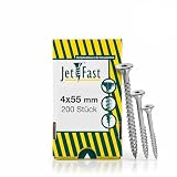 Jet-Fast Viti universali Premium 4,0 x 55 mm, 200 pezzi, testa svasata Duo, filettatura completa, attacco TX, blu zincato, viti per legno, viti per truciolato, punta cut, qualità tedesca