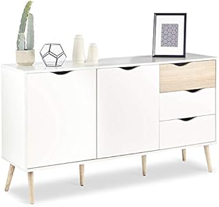 VonHaus Large Sideboard - Wide Storage Cabinet White & Oak Wood Effect - Scandi Nordic Style Sideboard w/ 2 Doors, 3 Drawers & Tapered Legs - Modern Furniture for Living Room, Lounge & Hallway