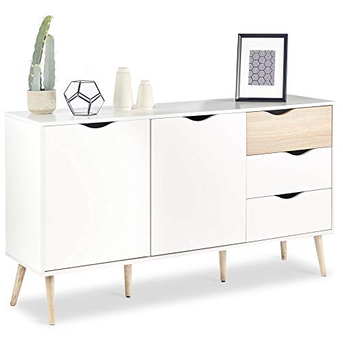 VonHaus Large Sideboard - Wide Storage Cabinet White & Oak Wood Effect - Scandi Nordic Style Sideboard w/ 2 Doors, 3 Drawers & Tapered Legs - Modern Furniture for Living Room, Lounge & Hallway