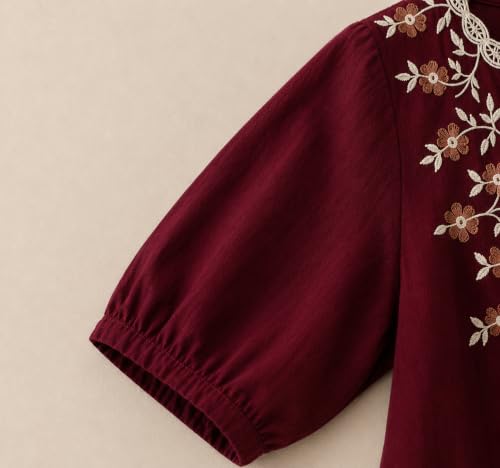 Image of RIEKA Womens Embroidered Korean Style Tunic Top, Floral Thread Work | V Neck | Puff Sleeves | Relaxed Fit Casual | Fusion Rayon Top for Every Day Styling