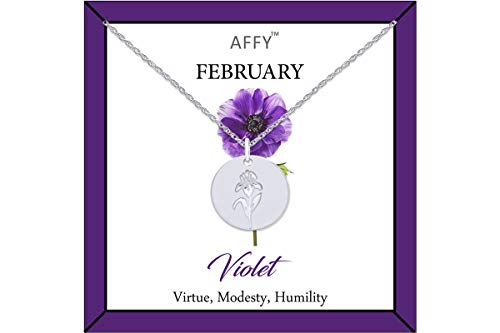 AFFY February Birth Month Violet Flower Disc Pendant Necklace 18K WG Plated