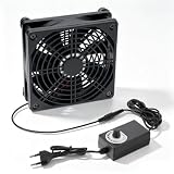 120mm Lüfter 230V Leise mit Netzteil, Stufenlos Regelbarer PC Lüfter 230V (3-12V) für Konsolen, Router & TV-Box, 120x120x34mm Gehäuselüfter mit 2000 U/min, Kunststoff-Staubfilter & Stützfüßen