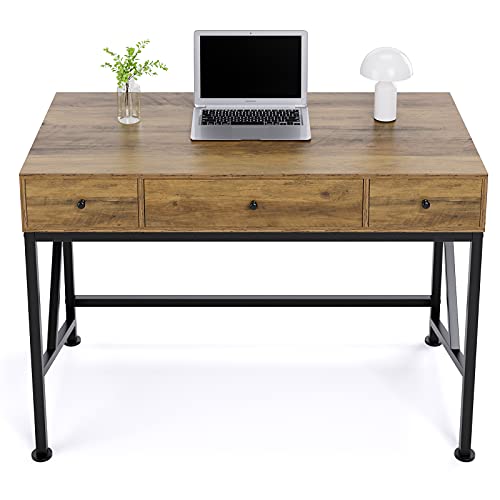 Urkno Computer Desk With 3 Drawers, 42" Wood Writing Desk For Home Office, Modern Simple Style Laptop Study Table, Makeup Vanity Console Table, Metal Frame, Easy Assembly, Rustic Brown #TOP19