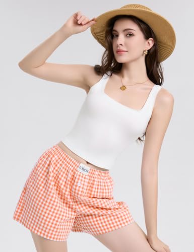 Image of LOMON Womens Boxer Shorts Casual Summer 2026 Pajama Lounge Sleep Pj Gingham Plaid Shorts Y2K Beach Bottoms