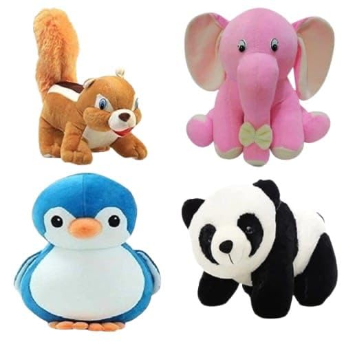 Image of Pack of 4 Elegant Soft Animals Stuffed Plush Fur Soft Toys Combo Set for Kids /Childrens /Boys /Girls Playing Birthday Gift Squirrel,Elephant,Panda,Penguine