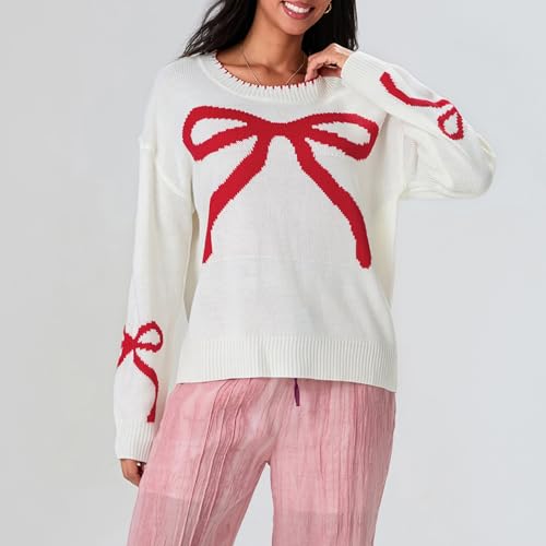 Image of Women Cute Bow Knit Sweater Y2k Long Sleeve Crew Neck Knitted Pullover Top Oversized Going Out Fall Winter Knitwear