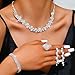Unicra Rhinestone Bridal Wedding Jewelry Set Silver Necklace Earrings Bracelet Ring Sets Prom Formal Costume Jewelry Sets for Women and Brides (Silver-4 Pack Necklace Earrings Bracelet Ring)