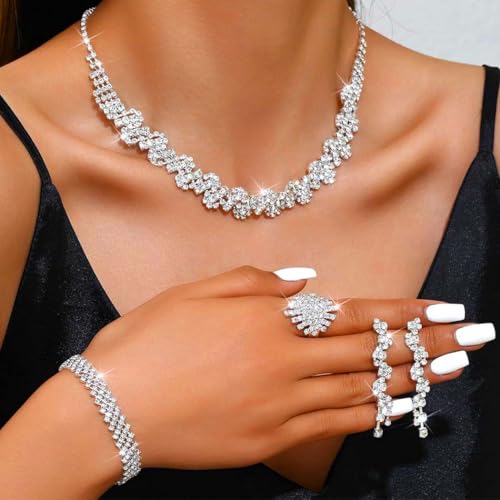 Unicra Rhinestone Bridal Wedding Jewelry Set Silver Necklace Earrings Bracelet Ring Sets Prom Formal Costume Jewelry Sets for Women and Brides4