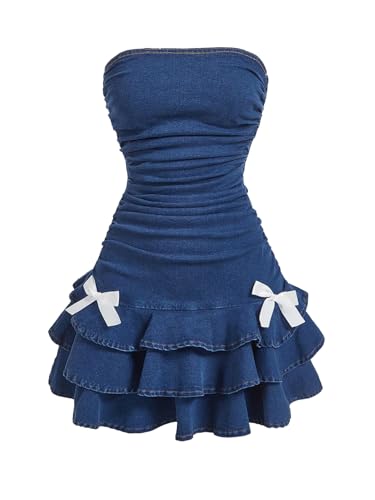 WDIRARA Women's Strapless Denim Mini Dress Bandeau Layered Ruffle Y2K