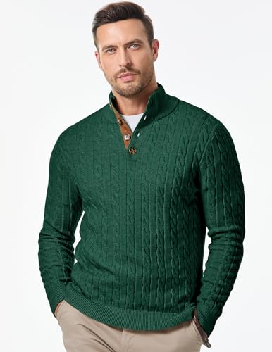 Image of JMIERR Men's Cable Knit Pullover Sweater Casual Long Sleeve Stand Collar Button Knitted Sweaters
