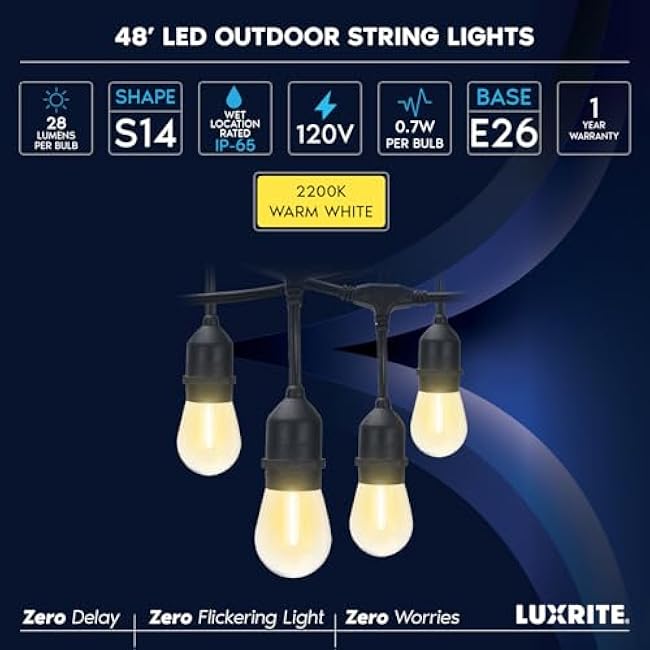 LUXRITE 48FT LED Outdoor String Lights Commercial Grade Waterproof, 24 Edison S14 Shatterproof Bulbs, Hanging Lights for Patio, IP65, Decorative Outside Lights for Backyard Garden Cafe Balcony