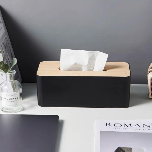 Image of Tissue Storage Box, Black | Home Decor, Living Room, Paper Towel Case Cover, Office, PP Plastic and Oak Wood