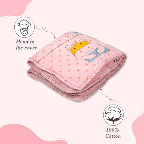 Image of Mee Mee 100% Soft Cotton Hooded Baby Wrapper Cum Warmer, Blanket with Hood for New Born Baby 0 to 6 Months (Pink Printed)