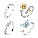 Vestamore 4 anillos, anillos giratorios ajustables de oro blanco con diseño de girasol y copo de nieve, joyería romántica para mujer, anillos giratorios de aleación de circonita