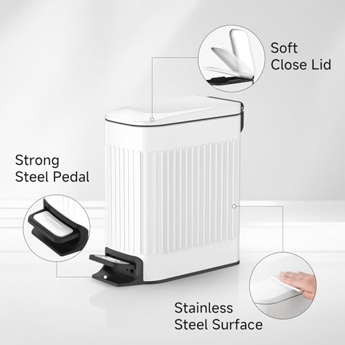 TIPGO-Slim-Bathroom-Trash-Can-with-Lid-Soft-Close-Step-Pedal-6-Liter-16-Gallon-Stainless-Steel-Trash-Bin-Small-Garbage-Cans-for-Bedroom-Office-Kitchen-White TIPGO Slim Bathroom Trash Can with Lid Soft Close Step Pedal 6 Liter 16 Gallon Stainless Steel Trash Bin Small Garbage Cans for Bedroom Office Kitchen White