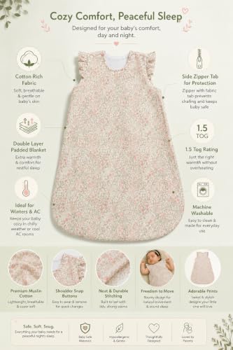 Image of TuddyBuddy Baby Cotton Wearable Quilted Sleeping Bag Blanket 1.5 Tog with 2 Way Zipper Closure | Ideal for Babies & Kids Hypoallergenic Fabrics | (Ditsy Floral - Frill Sleeves, 6-12 Months)