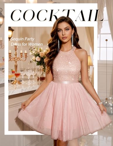 Image of Dressystar Women's Sequin Short Prom Dress Sparkly Halter Tulle Cocktail Party Homecoming Dresses