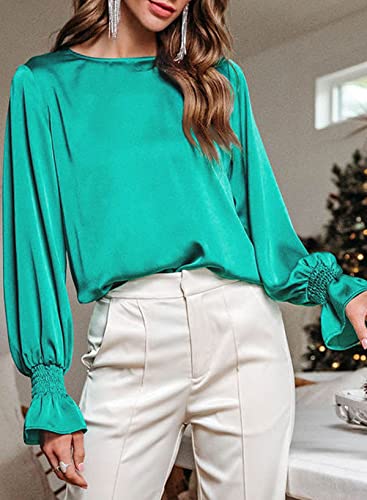 Dokotoo Resort Wear For Women 2023 Fall Crewneck Smocked Ruffle Long Sleeve Workout Tops For Women Elegant Dressy Casual Solid Satin Shirts Back Keyhole Blouses Small Green #TOP3
