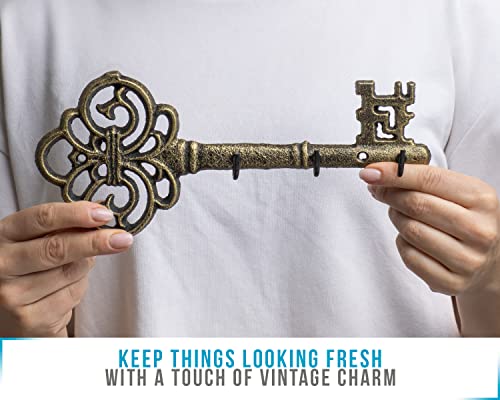 Comfify Decorative Wall Mounted Cast Iron Key Holder Rack- Vintage Key Shape Rack With 3 Hooks - Wall Mounted - Rustic Cast Iron Hanger- 10.8 X 4.7- With Screws And Anchors Gold With Black #TOP3