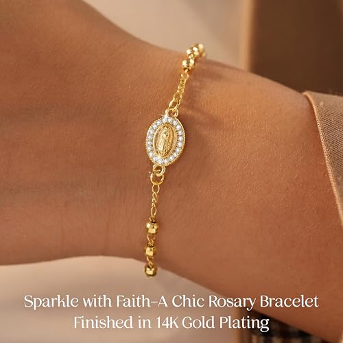 Women's Gold Virgin Mary Bracelet - 14K Gold Plated Religious Cross Bracelet,Dainty Golden Non Tarnish Virgen De Guadalupe Natural Stone Beaded Jewelry,Catholic Faith Baptism Confirmation Gift for Her by TERDENVOEN - Used condition - Image 2