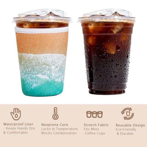 Image of Reusable Insulated Sleeve for Iced Coffee Cup, 3-Pack Coffee Neoprene Drink Sleeve for Cold & Hot Drinks, Beverage Holder for Iced Coffee (Beach Waves)