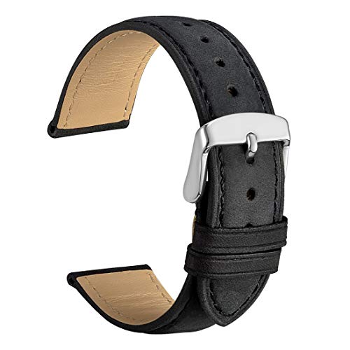 WOCCI 22mm Watch Band - Vintage Leather Watch Strap Black (Tone on Tone Stitching)