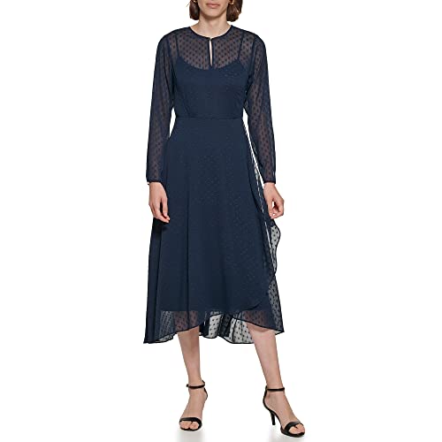 Image of Tommy Hilfiger Women's Long Sleeve Keyhole Neck Chiffon Hi-lo Midi Dress