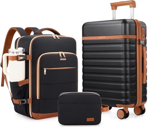 Image of Luggage Sets 3 Piece, Carry On Luggage 20In With Spinner Wheels,PC Hardside Suitcase Set with TSA Lock,Durable Carry On Suitcase With Travel Backpack for Men (Black Brown, 3 piece set (BP /20inch))