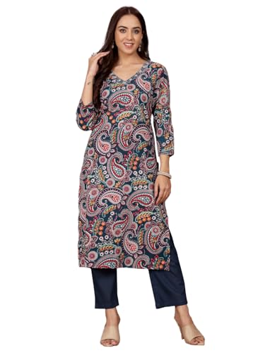 Kurta en coton pour femme bleu imprimé à manches 3/4, vêtement d'été long et léger en taille S