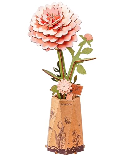 rowood Fleurs Artificielles Dahlia Rose, Puzzle 3D Fleur en Bois, Kits de Modèles à Assembler, Kit de Bricolage pour Adultes et Enfants, Décoration Maison et Kit Cadeau Jouet Saint-Valentin