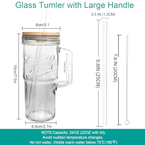 ANOTION Glass Cups with Lids and Straws - 24oz Tumbler with Handle Coffee Cups Glass Straws Glasses Mason Jar Cups Drinking Set Kitchen Essentials Coffee Bar Accessories House Warming Gifts New Home