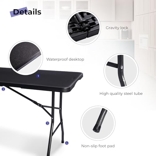Image of Folding Table 6ft, Heavy Duty Portable Utility Table with Handle, Black
