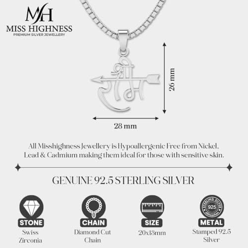 Image of Miss Highness 925 Sterling Pure Silver Pendant for Men & Women, Religious Pendants, Without Chain, Silver Jewellery with Authenticity Certificate, Birthday, Anniversary, Gift for Husband and Boyfriend