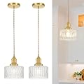 Vintage Pendant Light Set of 2, Brushed Gold Pendant Lights Kitchen Island with Clear Glass, Brass Kitchen Island Light Adjustable Hanging Light for Entrance Living Room Bathroom Dining Room Hallway