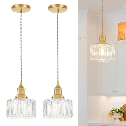 Vintage Pendant Light Set of 2, Brushed Gold Pendant Lights