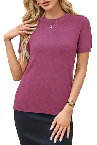 Image of Arach&Cloz Women's Lightweight Wool Blend Short Sleeve Sweater Top Business Casual
