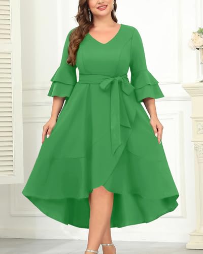 Image of Plus Size Wedding Guest Dress - Double Bell Sleeve High Low Split Dresses | Semi formal cocktail dress, V-neck double bell sleeves with belted high-low split ruffle hem.