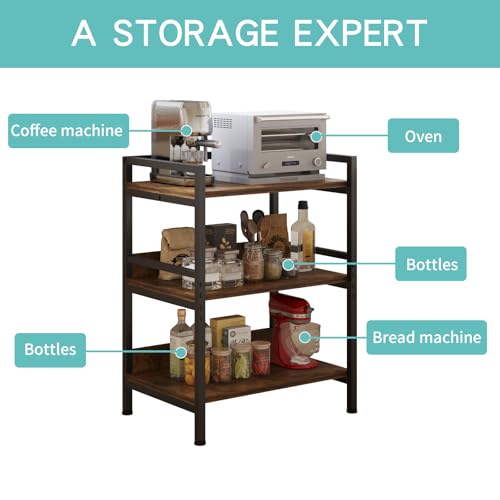 Image of HOME CUBE 3-Tier Metal Storage Shelf with Wooden Shelves, Kitchen Organizer Rack, Microwave Stand, Bookshelf, Standing Shelf Units, Multipurpose Storage Rack for Living Room, Office, Garage, Shops