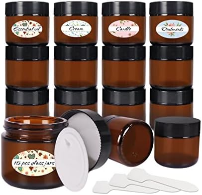 2 oz Amber Glass Jars,15 Pack 60ml Empty Cosmetic Containers with Inner Liners and Black Lids,Refillable Round Cream Jars for Lotion,Ointments,Bath Salts,Makeup