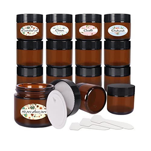 Yishik 2 oz Amber Glass Jars,15 Pack 60ml Empty Cosmetic Containers with Inner Liners and Black Lids,Refillable Round Cream Jars for Lotion,Ointments,Bath Salts,Makeup
