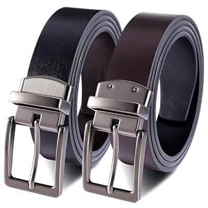 Mens Reversible Leather Belt, Men’s Belt with Rotated Buckle, Adjustable Trim to Fit, Great for Suits, Jeans, Casual & Business Work, Black & Coffee